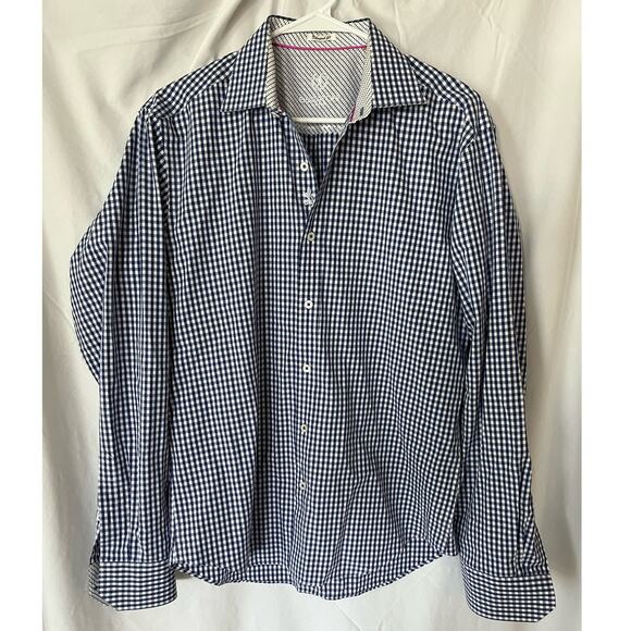 Men's Bugatchi Uomo Shaped Fit Button Down Long Sleeve Shirt Blue grid Medium - Picture 1 of 7